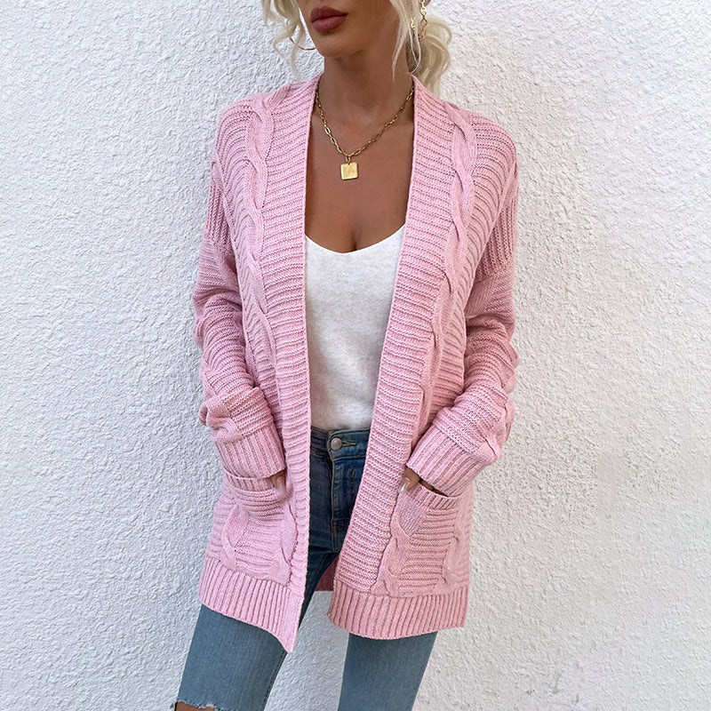 Sweater Autumn Winter New Twist Mid-length Pocket Knitted Cardigan Coat