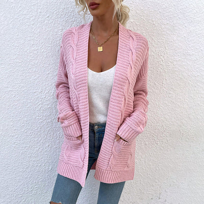 Sweater Autumn Winter New Twist Mid-length Pocket Knitted Cardigan Coat