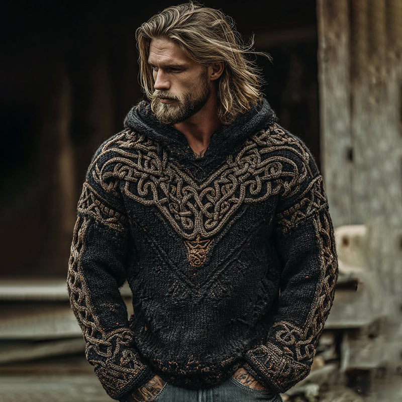 Men's Viking Celtic Knot Jacquard Knit Hoodie Sweater elevenforest