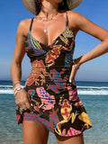 V-Neck Retro Colored Rana Art Print Suspender Skirt Tankini Pantskirt Set Swimsuit