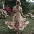 Women's Retro Flower Embroidery Art V-neck Short Sleeve Maxi Dress elevenforest