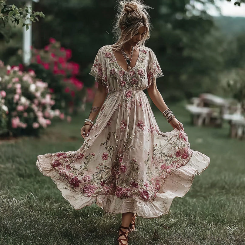 Women's Retro Flower Embroidery Art V-neck Short Sleeve Maxi Dress elevenforest