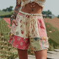 Women's Patchwork Floral Art Waist Drawstring Pocket Shorts elevenforest