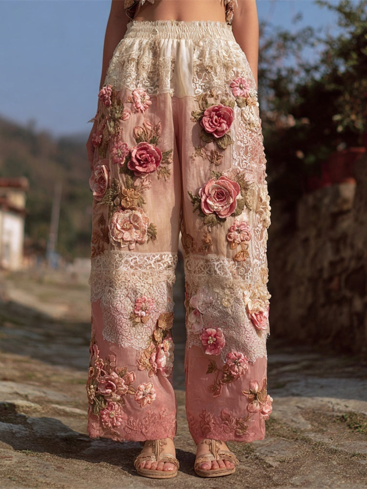 Boho Vintage Floral Lace Patchwork Art Women's Linen Trousers elevenforest