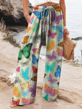 Women's Vintage Lovely Butterflies Art Printed Cotton And Linen Casual Pants