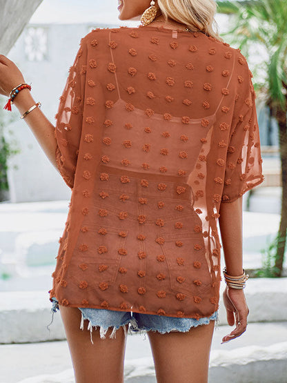 Loose Short Sleeves Jacquard See-through Split-joint Blouses
