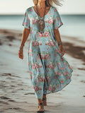 Women's Floral Art Print Flowy Pocket Cotton Dress