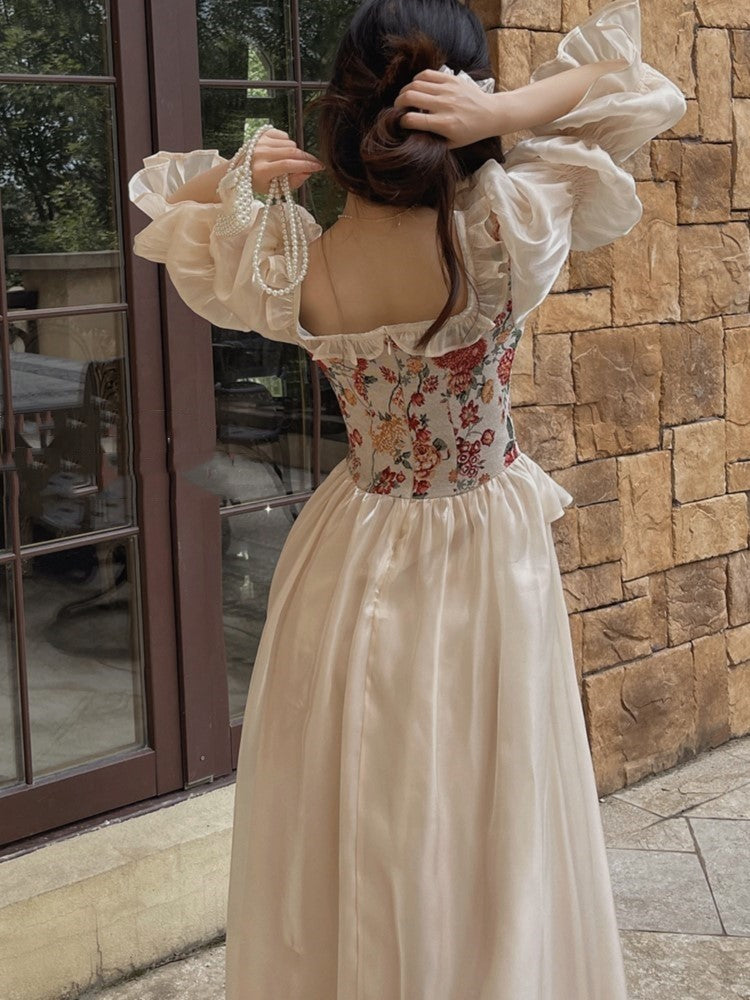 French Midi Dress Patchwork Puff Sleeve Ruffles A-line Autumn Spring Evening Party Prom Robe Vestidos Mujer
