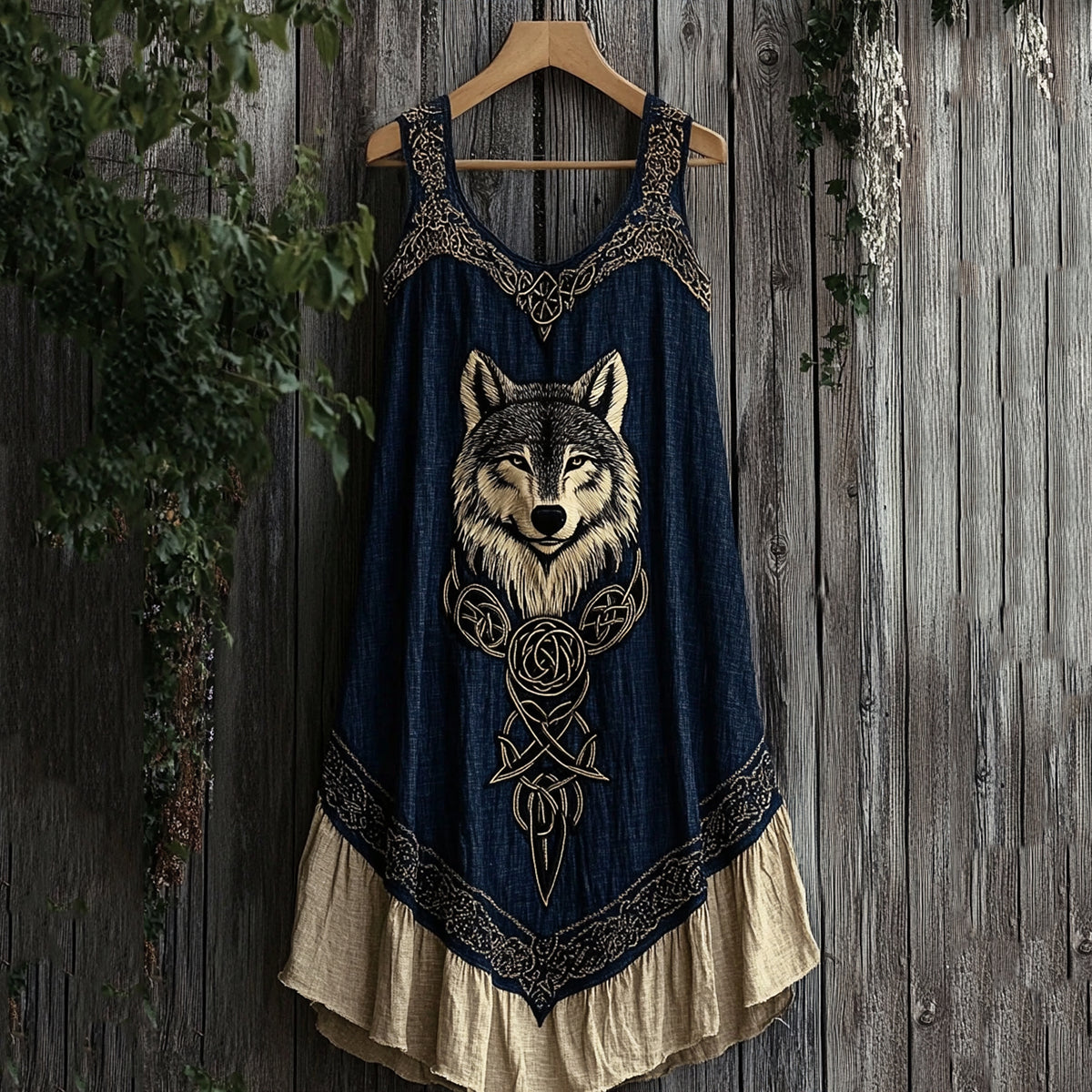 Viking Wolf Pattern Patchwork V-neck Tank Midi Dress elevenforest