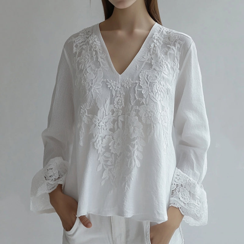 Vintage Floral Lace Embroidered V Neck Comfy Tunic elevenforest