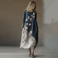 Classy Gradient Japanese Sakura Cherry Blossoms Embroidered Pattern Linen Round Neck Long Dress elevenforest