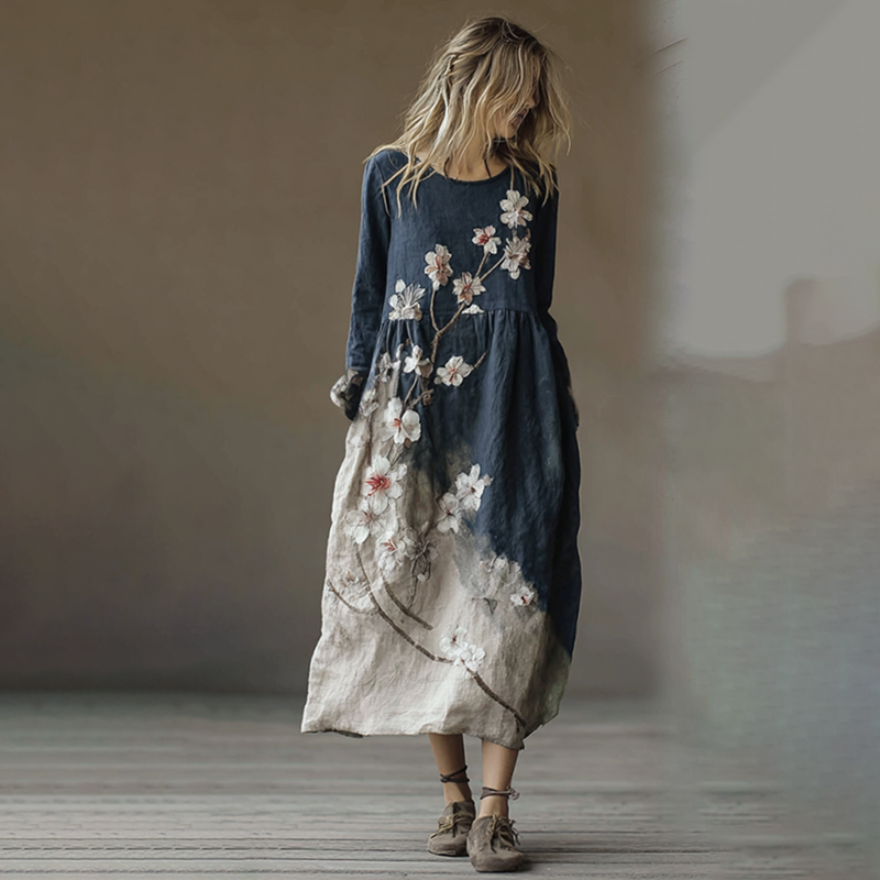 Classy Gradient Japanese Sakura Cherry Blossoms Embroidered Pattern Linen Round Neck Long Dress elevenforest