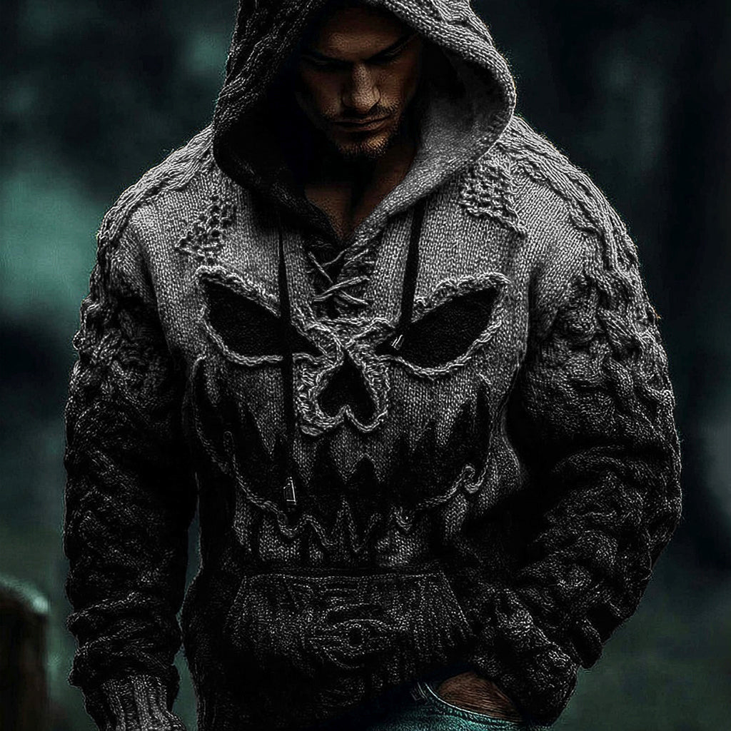 Men's Halloween Pumpkin Face Gradient Jacquard Knit Hooded Sweater elevenforest