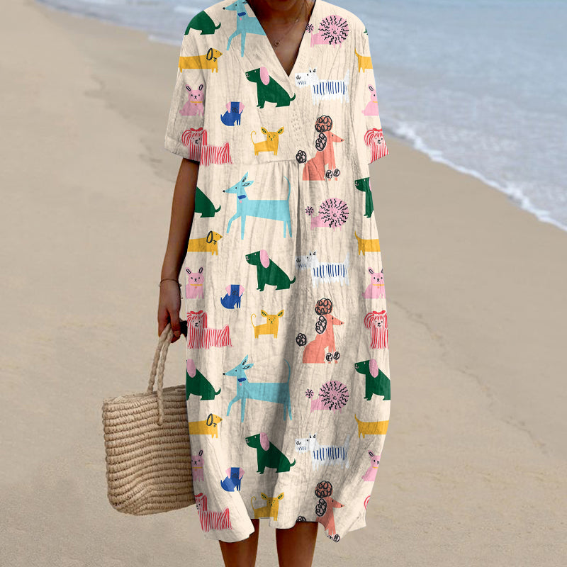 Comstylish Women's Retro Cute Color Dog Art Linen Dress