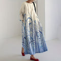 Comstylish Vintage Japanese Art Gradient Pattern Flowy Linen Maxi Dress