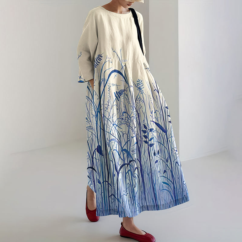 Comstylish Vintage Japanese Art Gradient Pattern Flowy Linen Maxi Dress