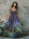 Vintage Purple Floral Embroidered Gradient Flowy Linen Maxi Dress elevenforest