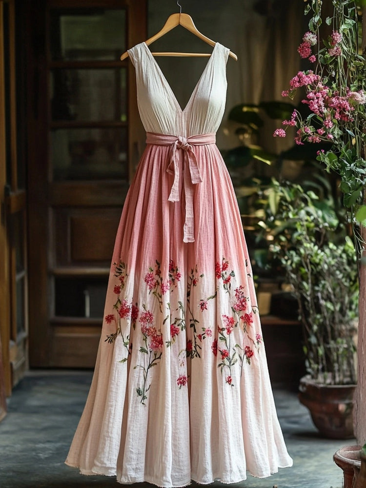Floral Embroidered Pink Gradient Linen Maxi Dress elevenforest