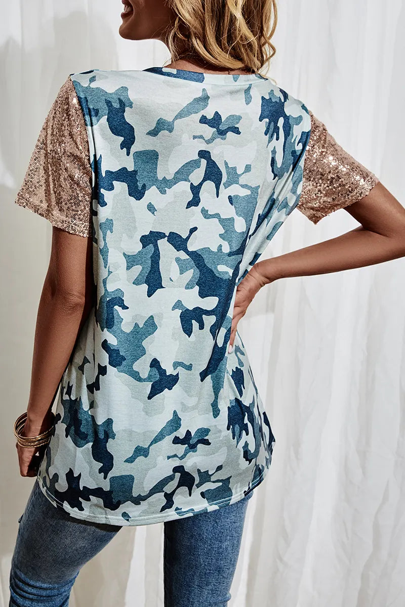 Print Split Joint Sequins Asymmetrical Collar T-shirts