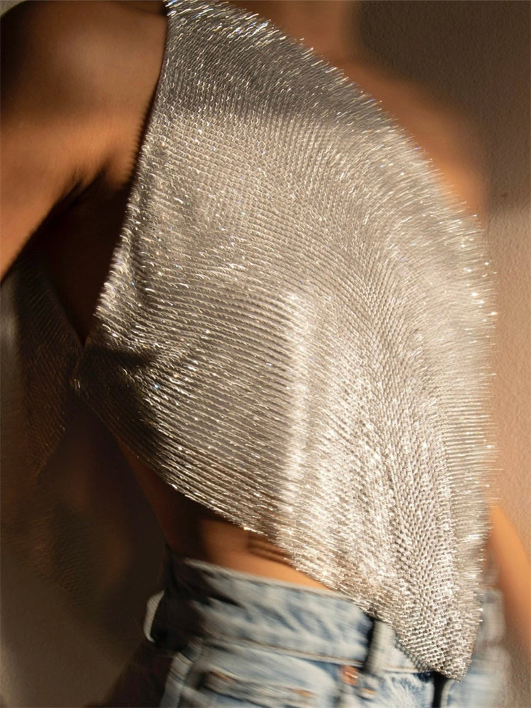 Tossy Glitter Backless Tank Top – Female Patchwork Off-shoulder Sequin Club Party Y2k Sparkle Vest