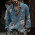 Men's Vintage Floral Embroidered Comfy Linen Shirt elevenforest