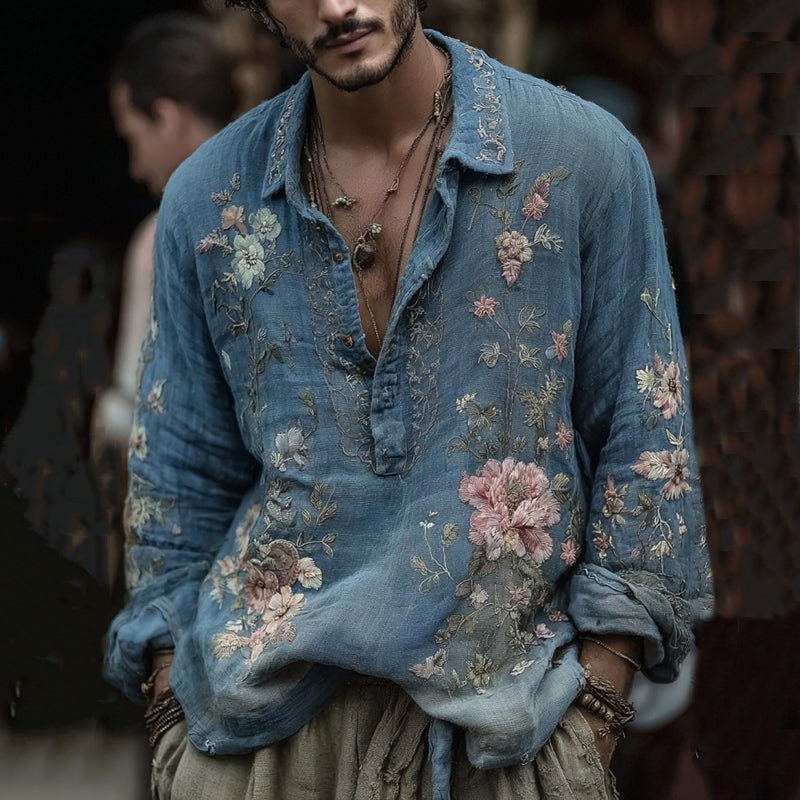 Men's Vintage Floral Embroidered Comfy Linen Shirt elevenforest