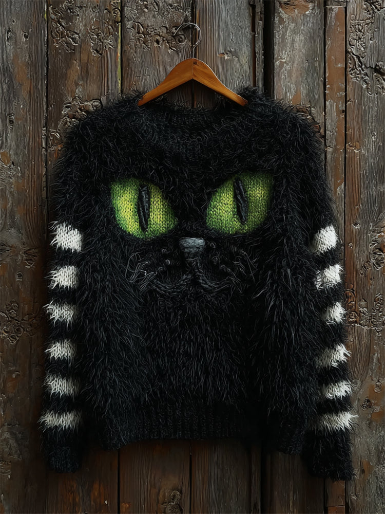 Comstylish Halloween Fuzzy Black Cat Striped Cozy Knit Sweater