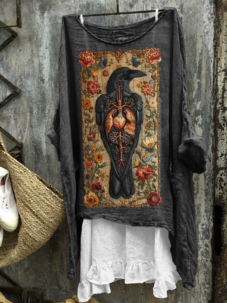 Vintage Floral Raven Embroidered Linen Tunic elevenforest