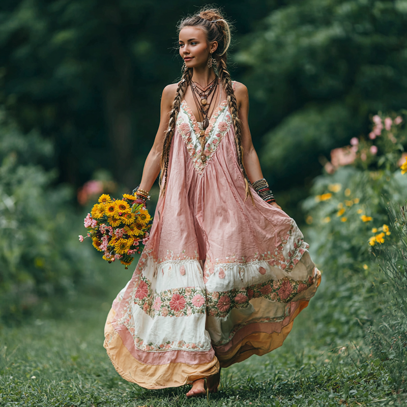 Women's Vintage Floral Patterned Suspender Dress elevenforest