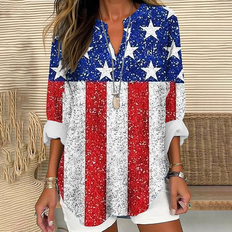 Comstylish American Flag Printed V-Neck Loose Blouse