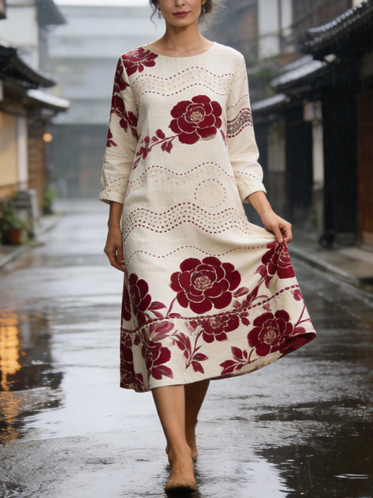 Comstylish Japanese Floral Thread Pattern Women's Linen Long Sleeve Midi Dress