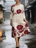 Japanese Floral Thread Pattern Women's Linen Long Sleeve Midi Dress elevenforest