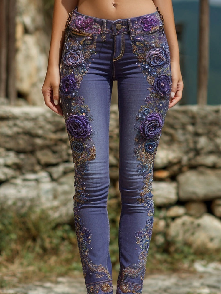 Vintage Purple Roses Embroidered Washed Skinny Jeans elevenforest