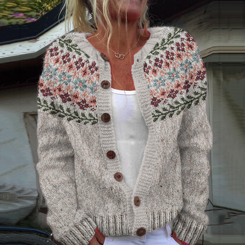 Vintage Icelandic Floral Art Print Cozy Button Sweater elevenforest