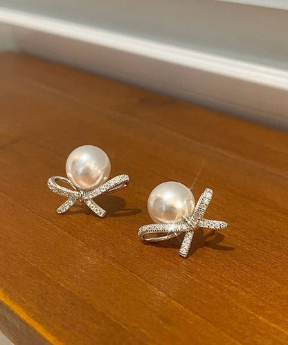 White Sterling Silver Pearl Bow Stud Earrings