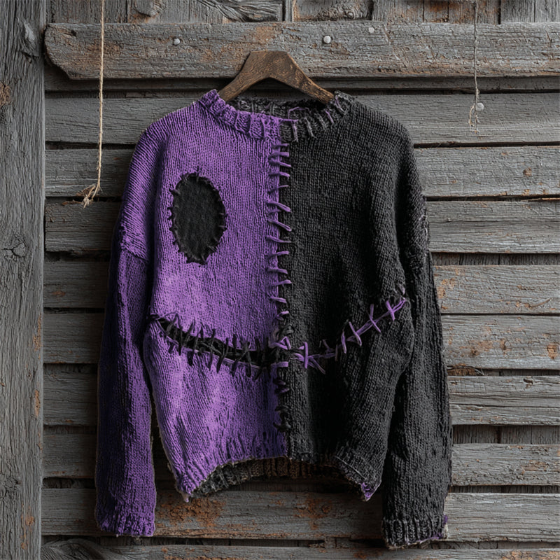 Halloween Spooky Face Contrast Stitched Cozy Knit Sweater elevenforest