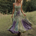 Vintage Classy Gradient Purple Lavender And Floral Embroidered Linen Suspender Long Dress elevenforest