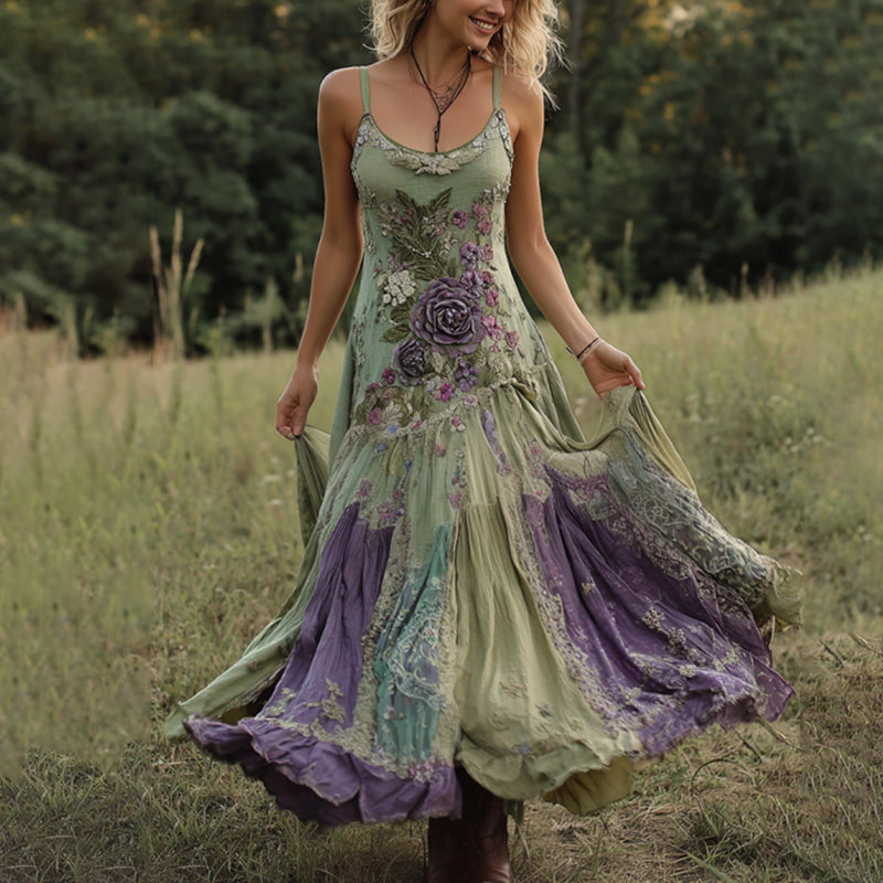 Vintage Classy Gradient Purple Lavender And Floral Embroidered Linen Suspender Long Dress elevenforest