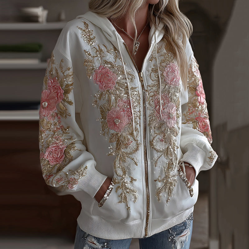 Women's Vintage Pink Floral Embroidered Art Cozy Warm Zipper Hoodie elevenforest