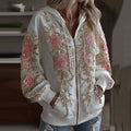 Women's Vintage Pink Floral Embroidered Art Cozy Warm Zipper Hoodie elevenforest