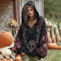 Rose And Skull Embroidered Gothic Chunky Knit Hooded Sweater elevenforest