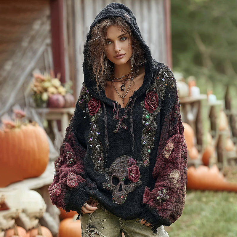 Rose And Skull Embroidered Gothic Chunky Knit Hooded Sweater elevenforest