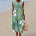 Women's Vintage Lily Pad Art Pattern Cotton And Linen Tank Dress elevenforest