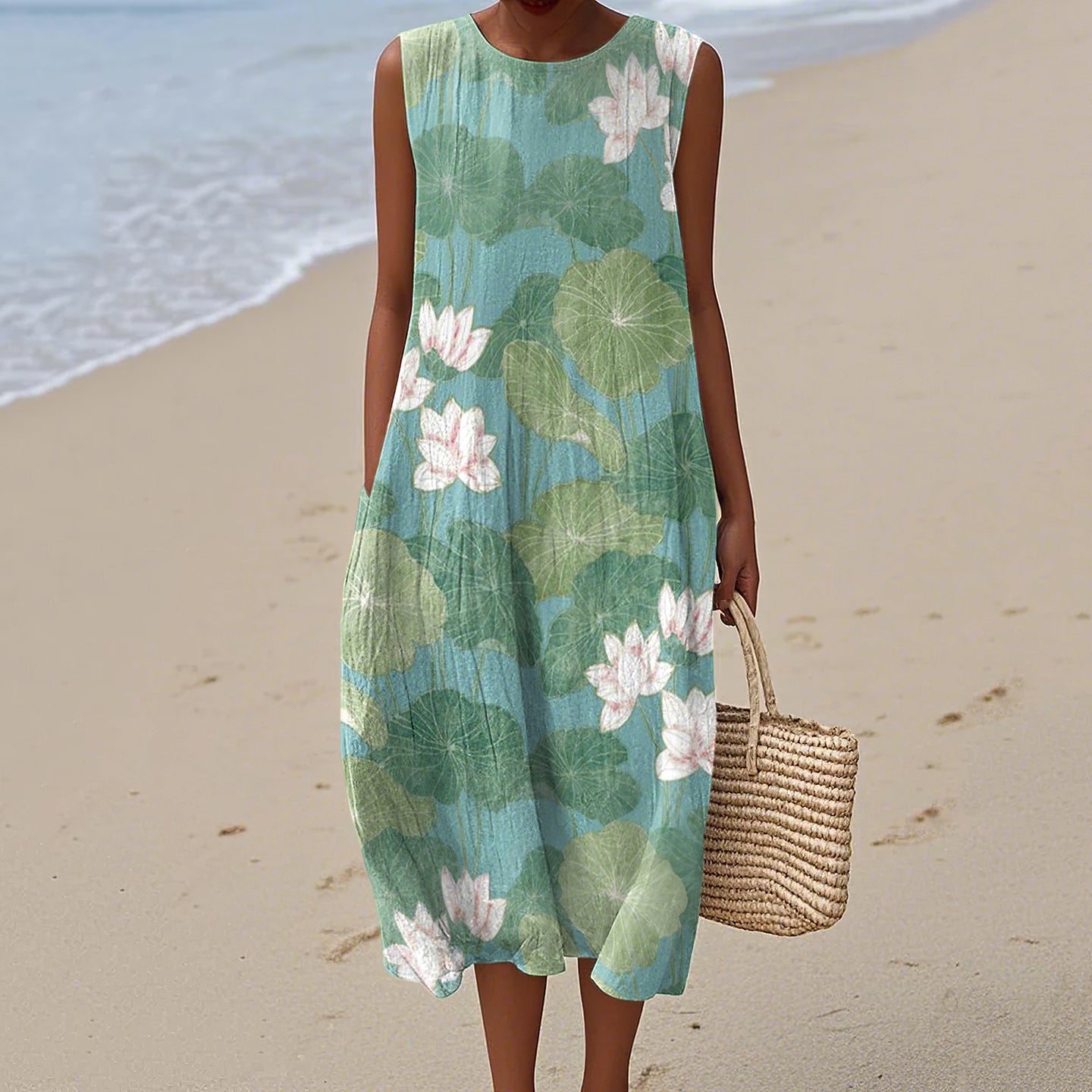 Women's Vintage Lily Pad Art Pattern Cotton And Linen Tank Dress elevenforest