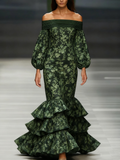 Women's off-the-shoulder long-sleeved green chiffon dress