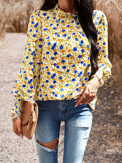 Long Sleeves Loose Elasticity Flower Print Ruffled Mock Neck Blouses&shirts Tops