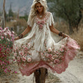 Women's Pink Flower Embroidery Linen Blend Short Sleeve Midi Dress elevenforest