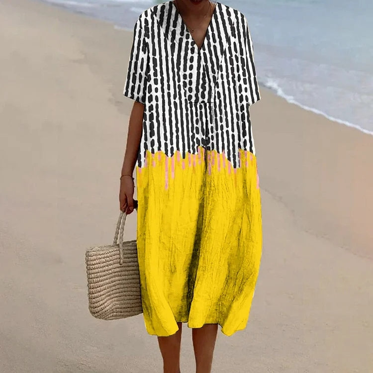 Women's Vintage Stripe Geometry Art Linen Dress elevenforest