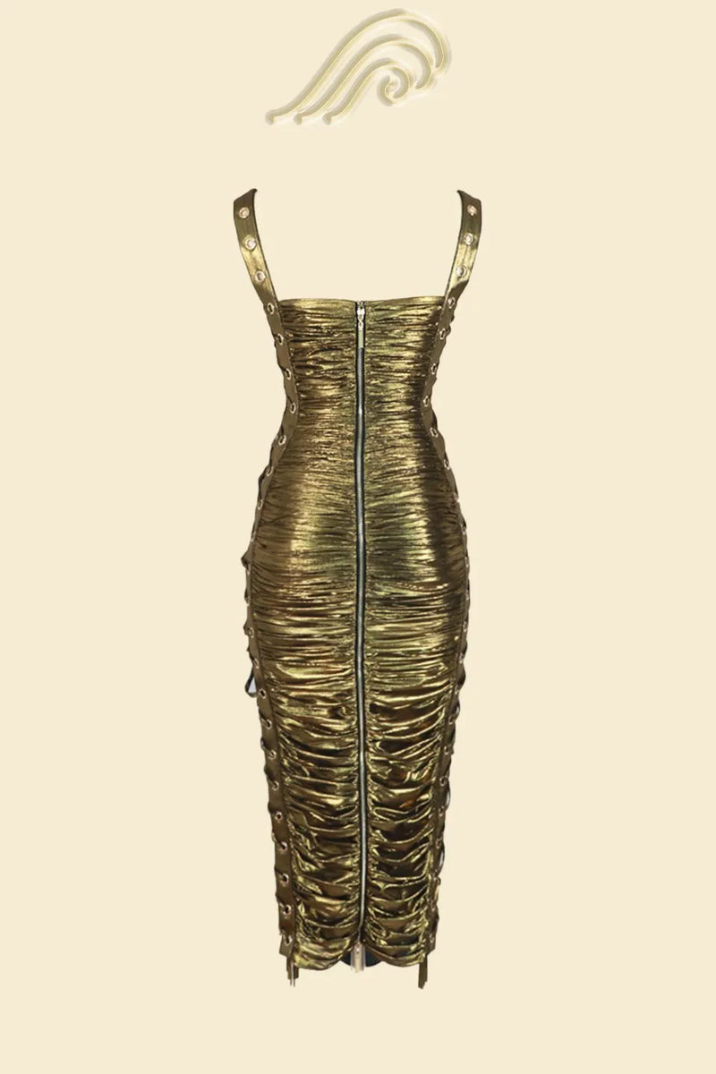 Alyssa Metallic Drawstring Gathered Midi Dress