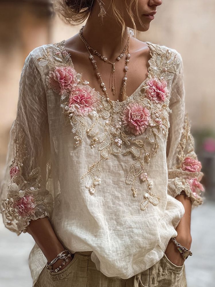 Bohemian Style Round Neck Short Sleeve Three-dimensional Flower Design Women's Thin Top elevenforest